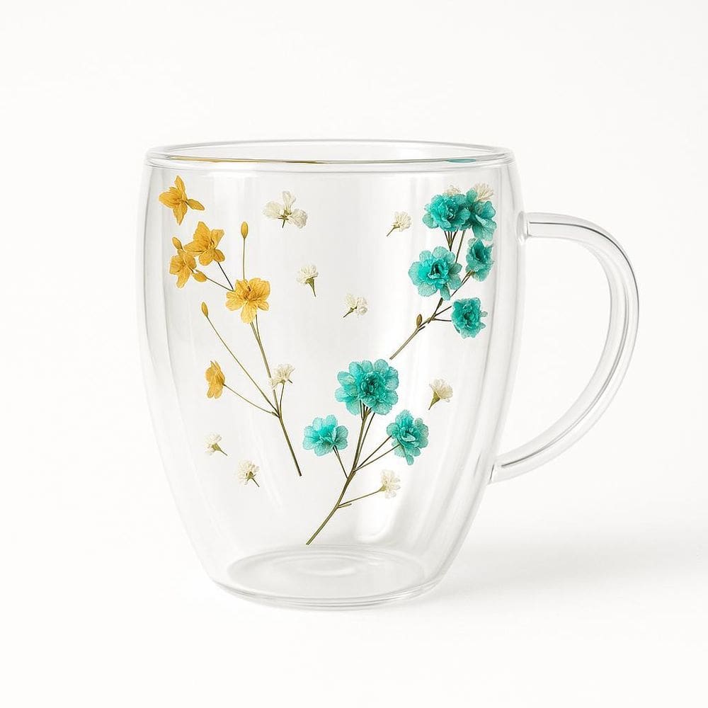 Caneca Xícara 350Ml Chá Café Parede Dupla Vidro Flores