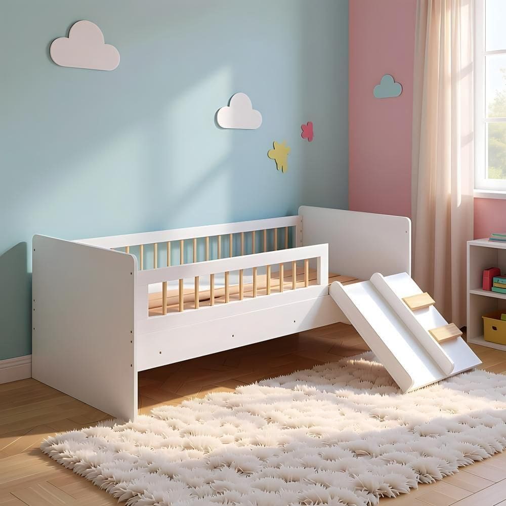 Cama Montessoriana Infantil Com Escorrega E Proteção Lateral - Branco