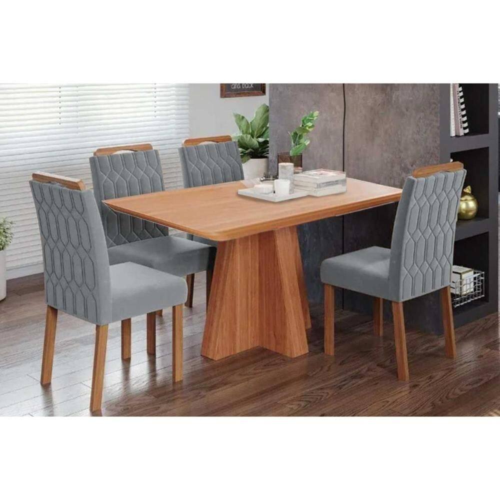 Conjunto: Mesa De Cozinha Maitê Tampo Madeirado 130x80cm E 4 Cadeiras Paola Cinamomo - Carvalho-linho Grafite - Cimol