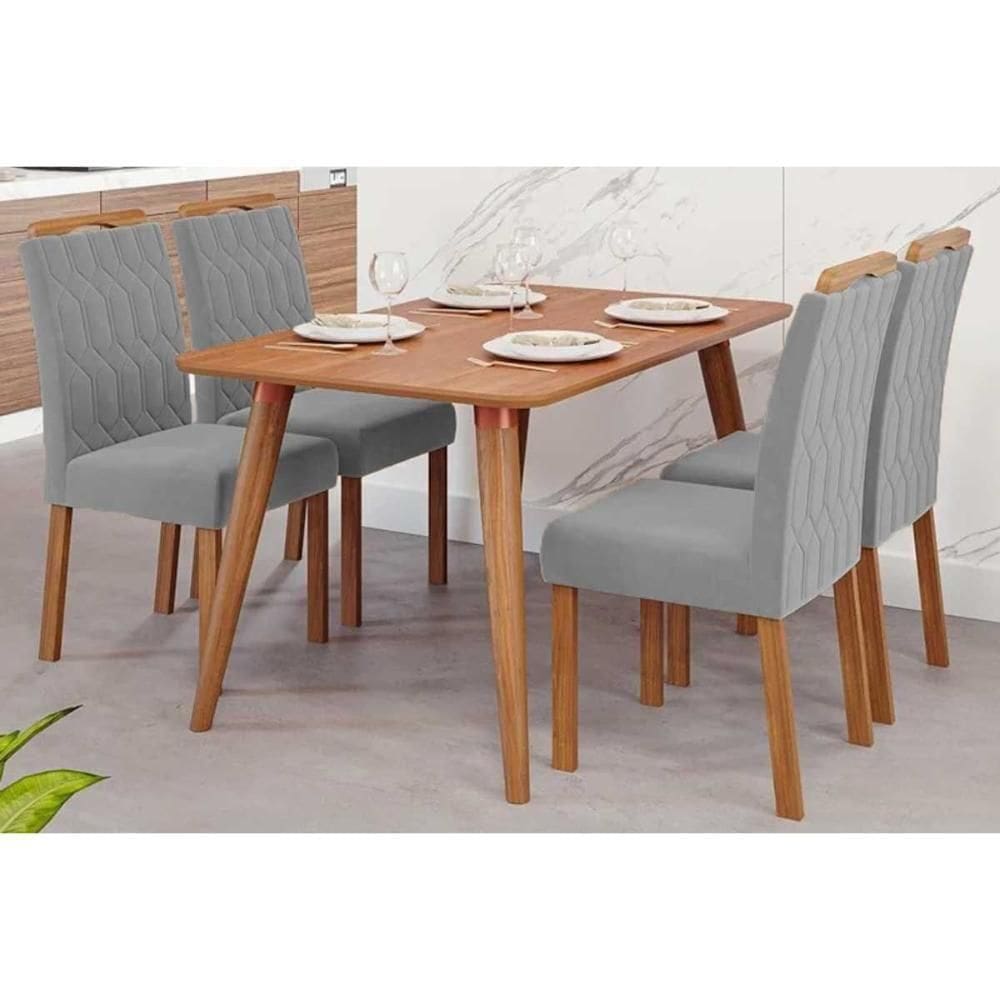 Conjunto: Mesa De Cozinha Adele Tampo Madeirado 130x80cm E 4 Cadeiras Paola Carvalho-cinamomo - Linho Grafite - Cimol