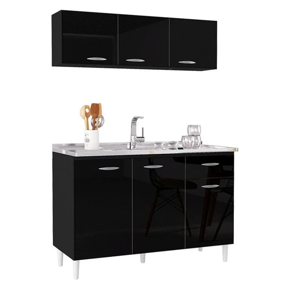Cozinha Modulada Alice 120cm Armário Aéreo e Balcão para Pia Preto Poquema