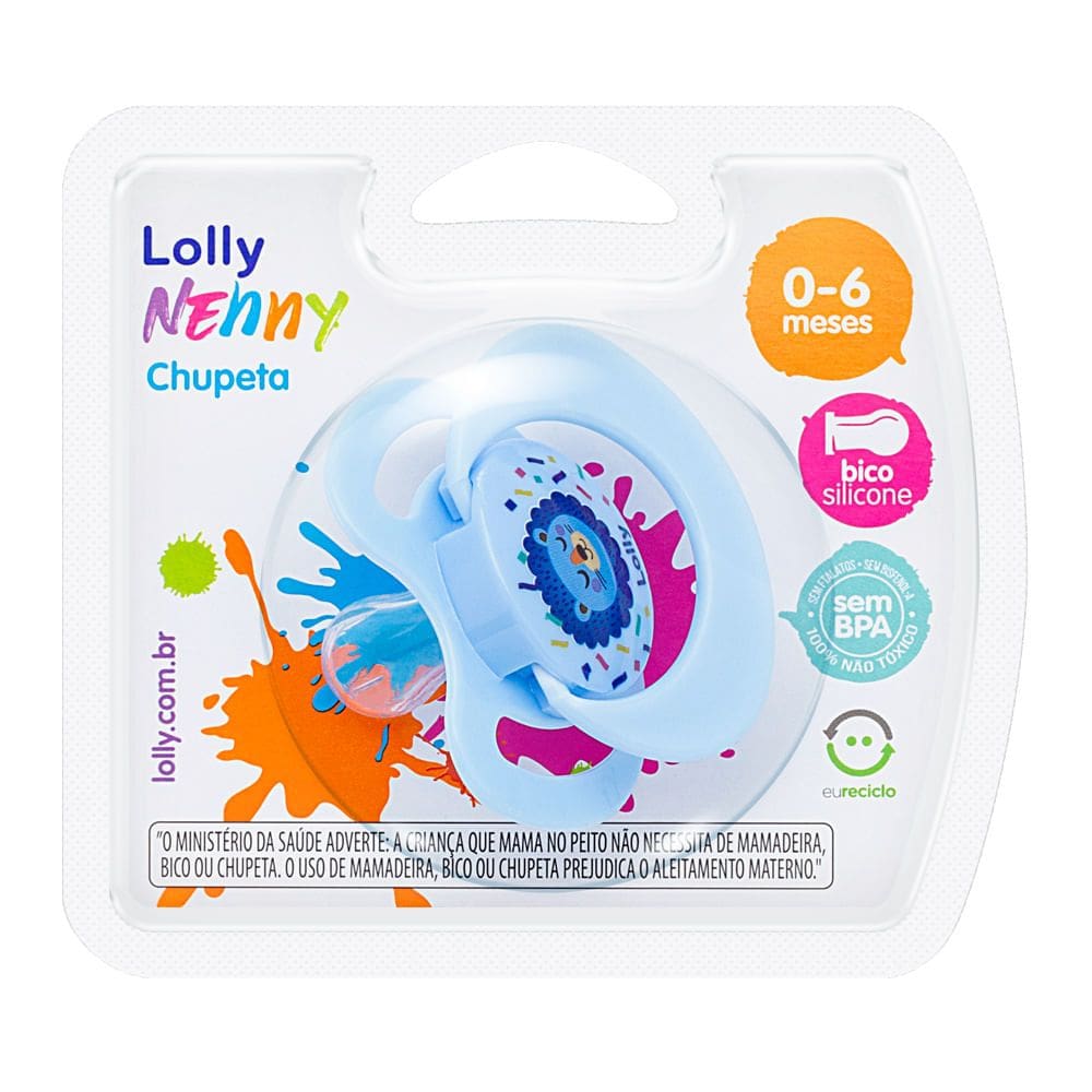 Chupeta Lolly Nenny Bico Silicone 0 a 6 Meses Azul Estampas 1 Unidade