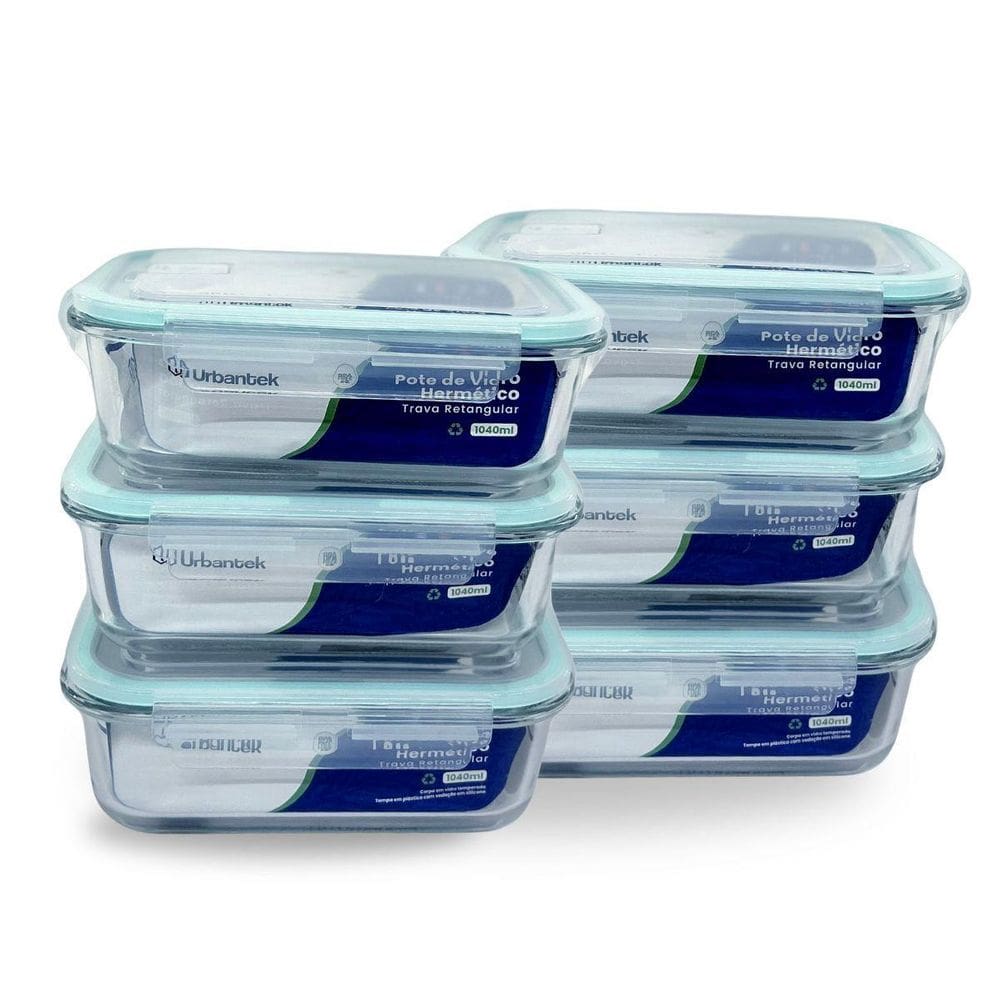 Kit 6 Potes De Vidro Herméticos 1040 Ml Retangular Urbantek