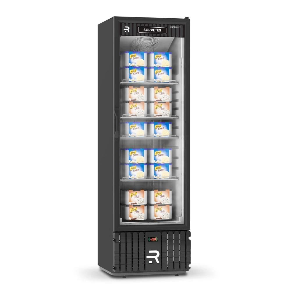 Expositor Vertical para Sorvetes Refrimate 400 Litros Porta Vidro Preto e Branco 220V VCS400PV