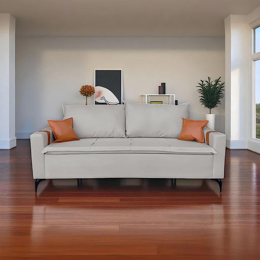 Sofá Living Madri 3 Lugares 1,80m Linho Cinza com Detalhe no Braço em Corino Caramelo