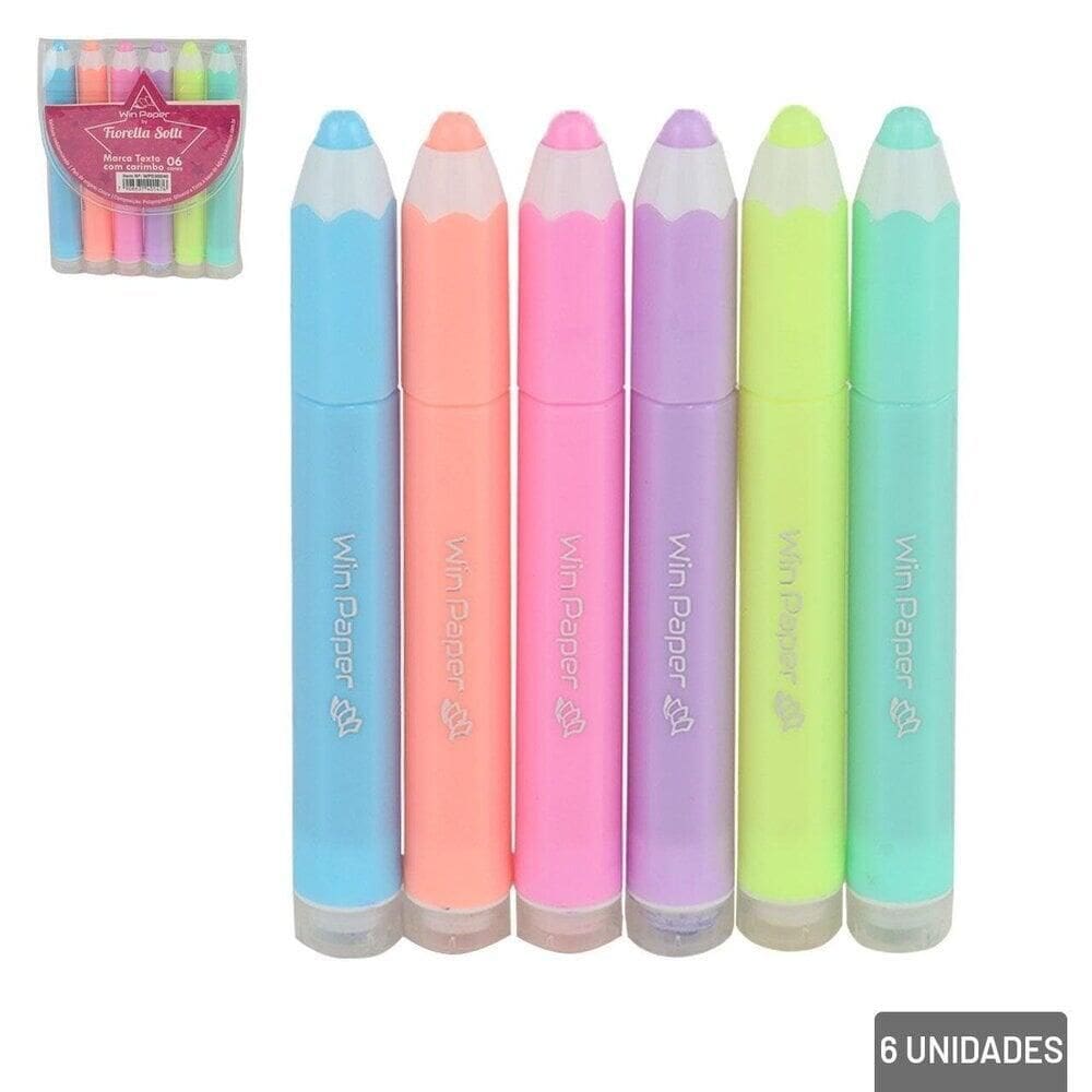 Caneta Marca Texto 6 Peças com Carimbo Color - Tudo em Caixa