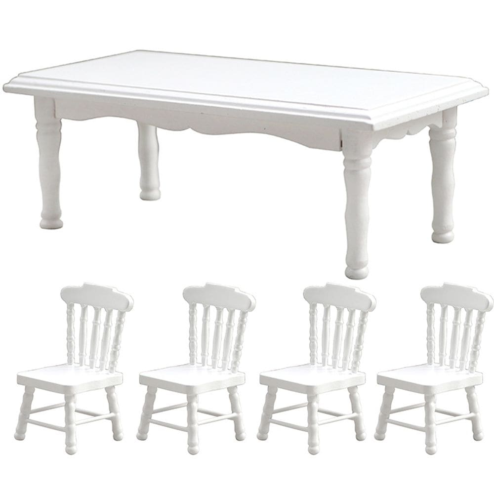 Conjunto de mesa de jantar e cadeiras Doll em escala 1/12 - madeira branca