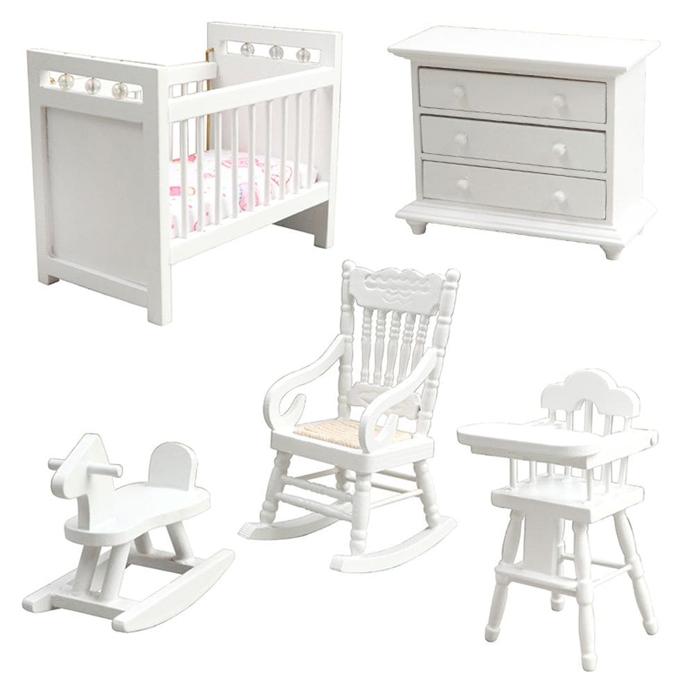 Conjunto de móveis de casa de bonecas em miniatura White Crib Dresser 1:12