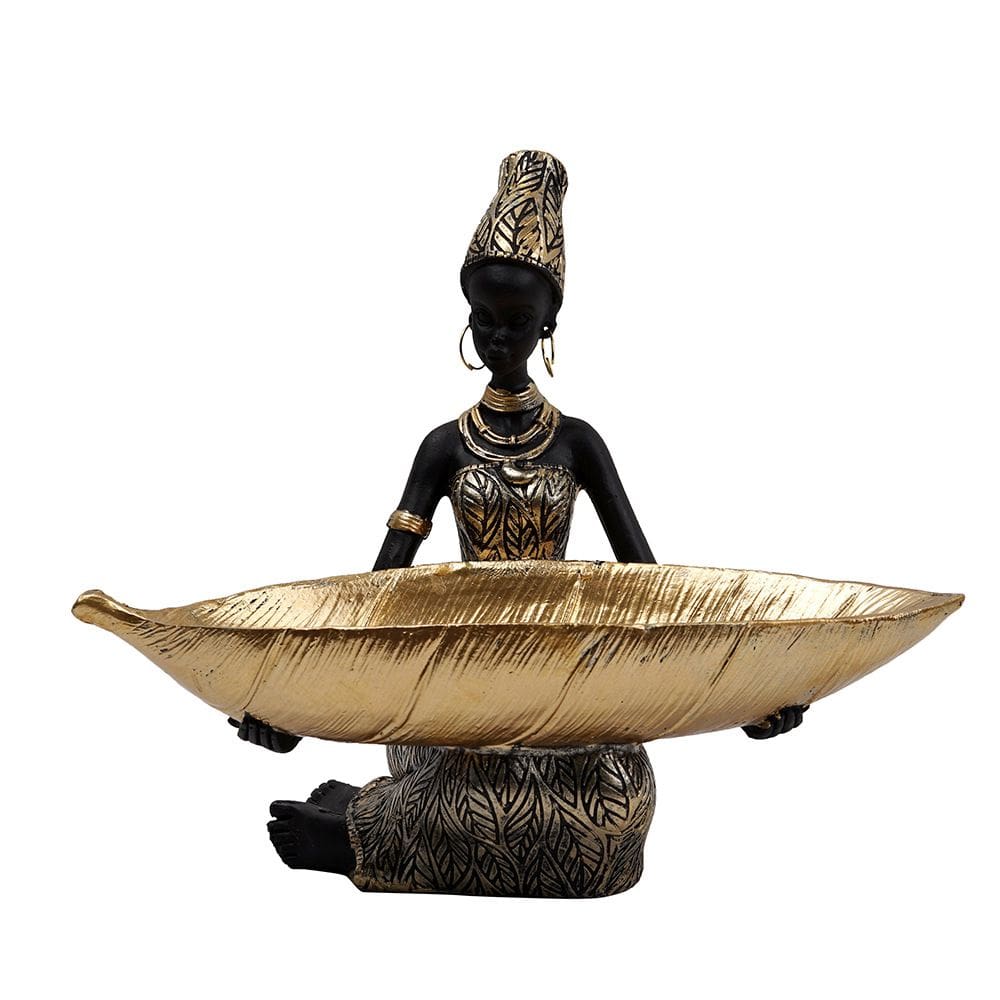 Figura de escultura de mulher africana com resina de bandeja de frutas 28cm