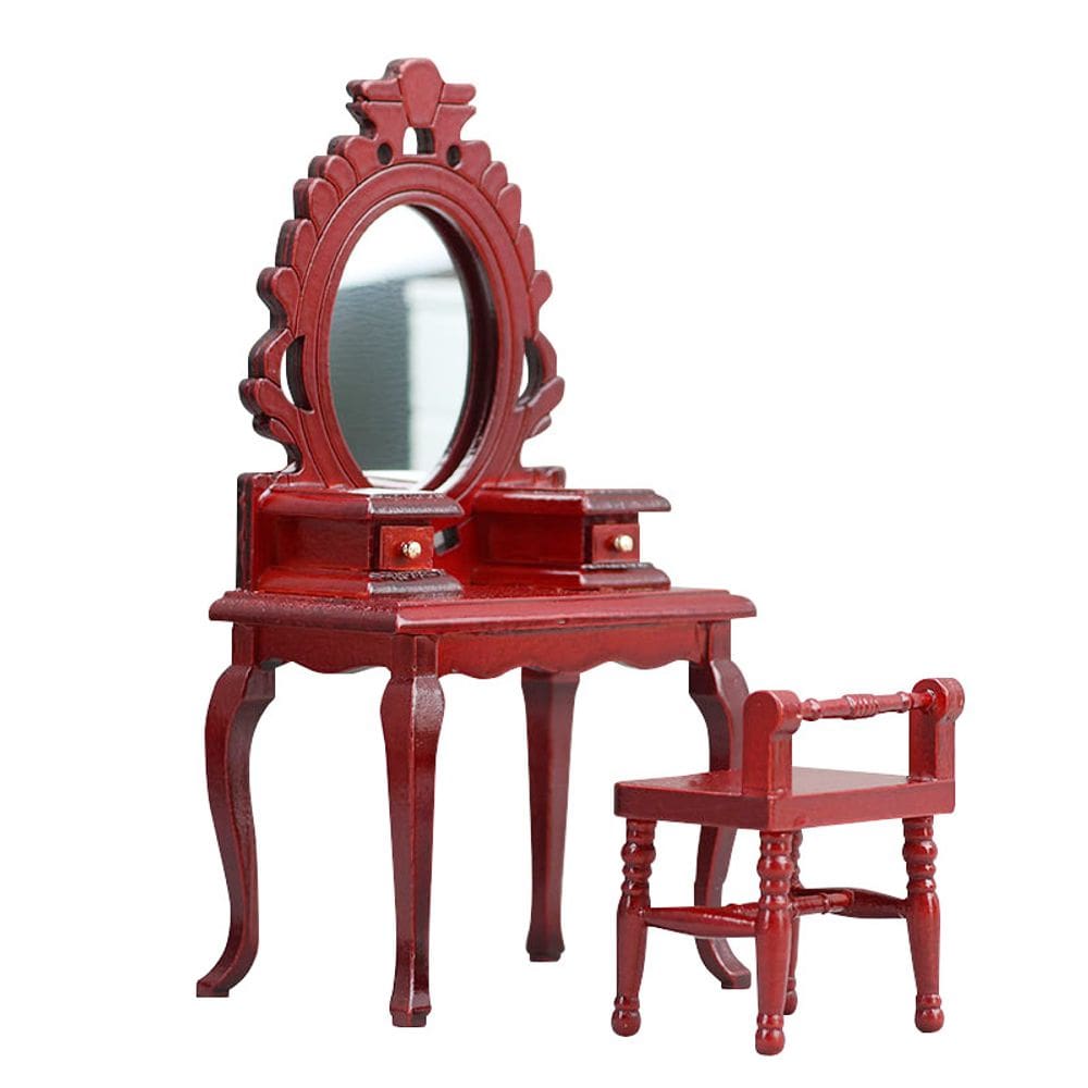 Conjunto de toucador Dollhouse em miniatura 1:12 com espelho e cadeira, madeira