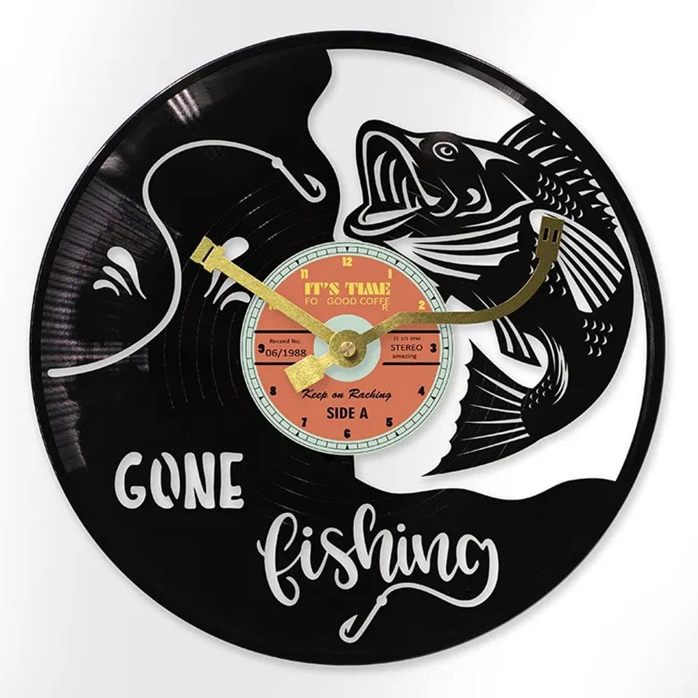 Relógio de parede Gone Fishing, disco de vinil, moldura de metal de 30 cm