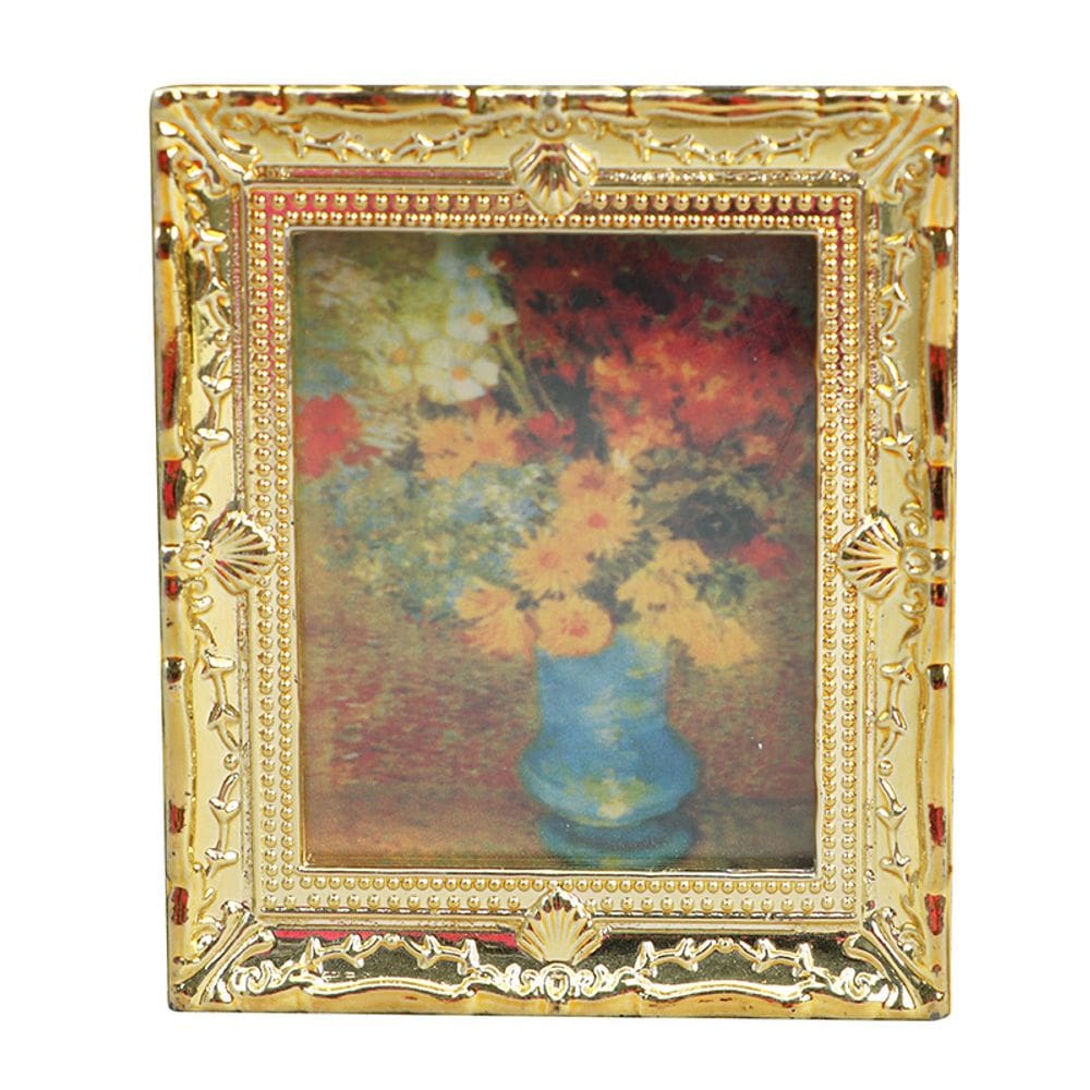 Móveis de casa de bonecas em miniatura, pintura a óleo com moldura dourada