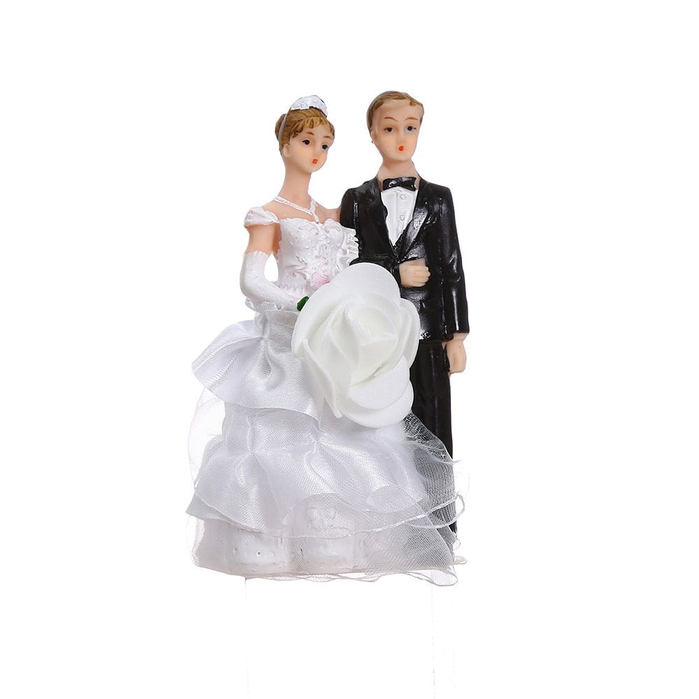 Estátuas de casamento em resina de noiva e noivo de 11 cm com flor