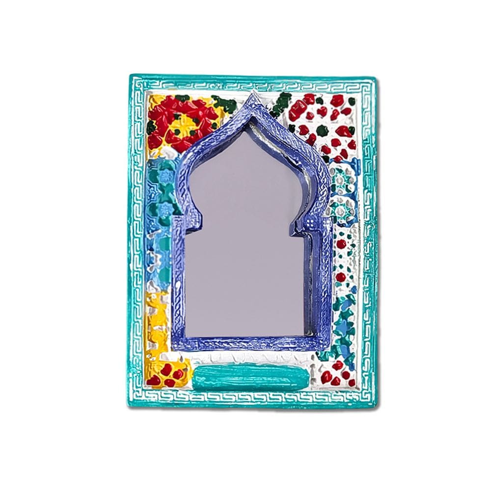 Design decorativo de janela em arco azul com ímã de geladeira de resina