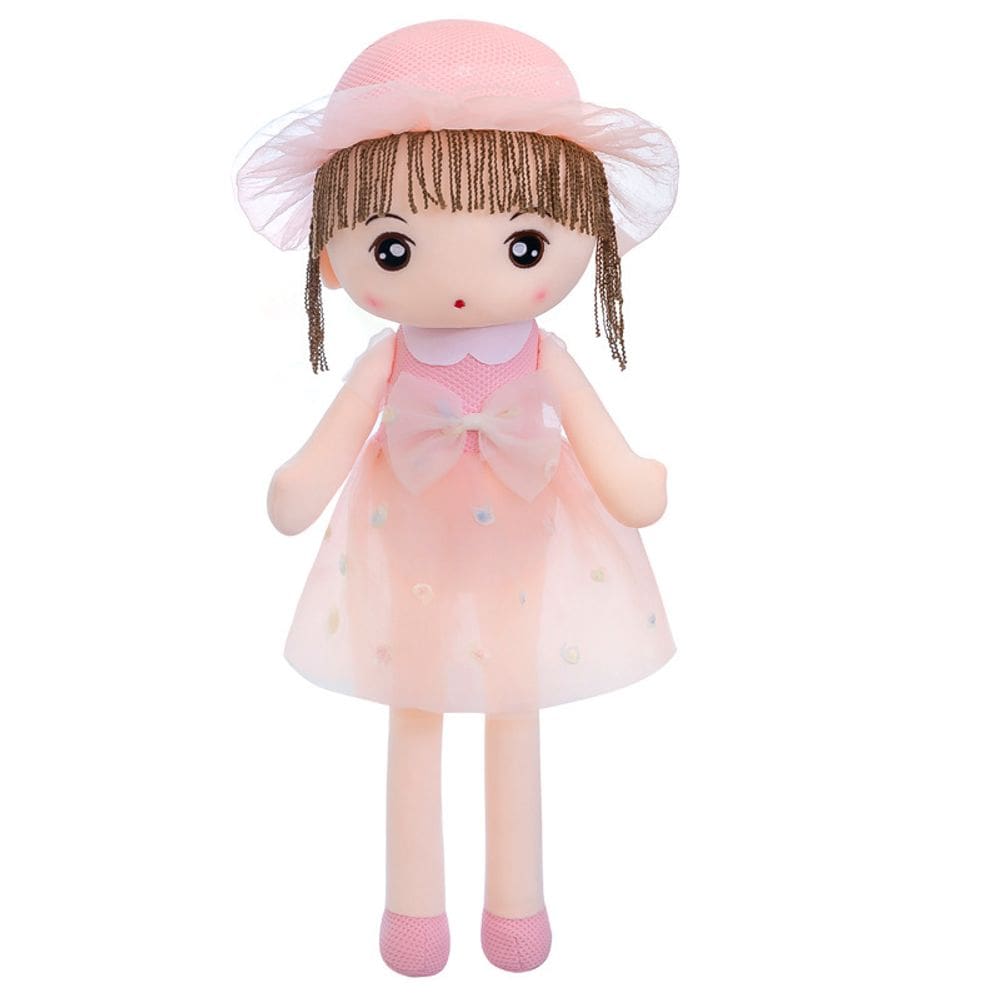 Boneca de pelúcia macia de 65 cm com vestido rosa e chapéu para meninas