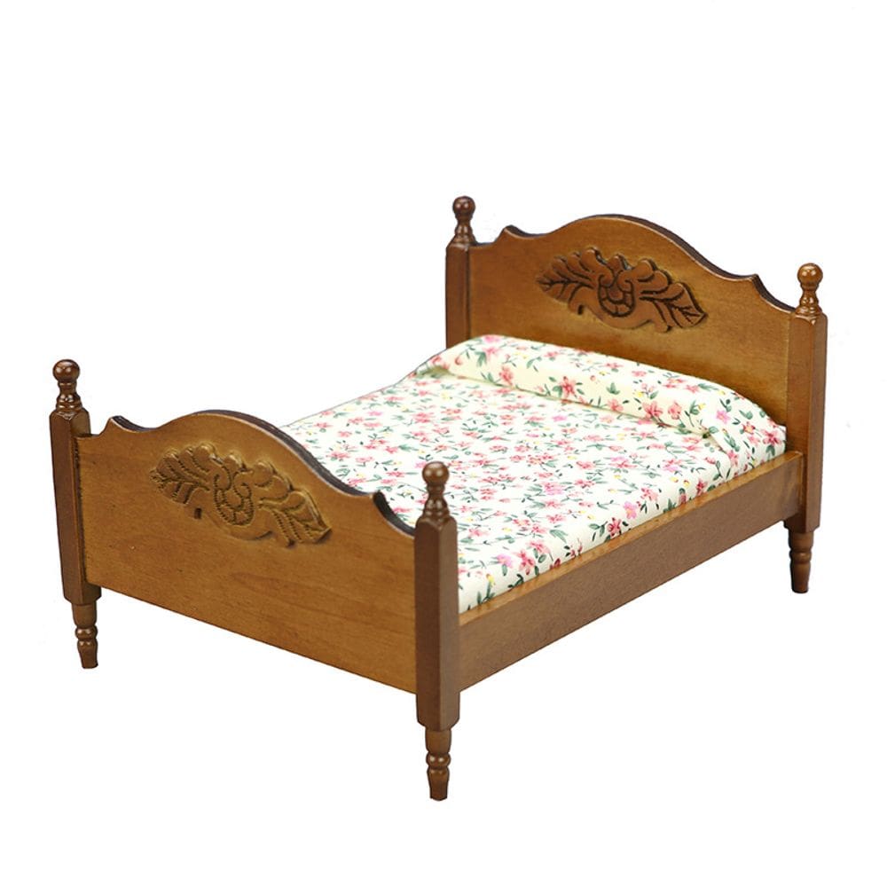 Móveis de casa de bonecas em miniatura, cama de casal clássica de madeira