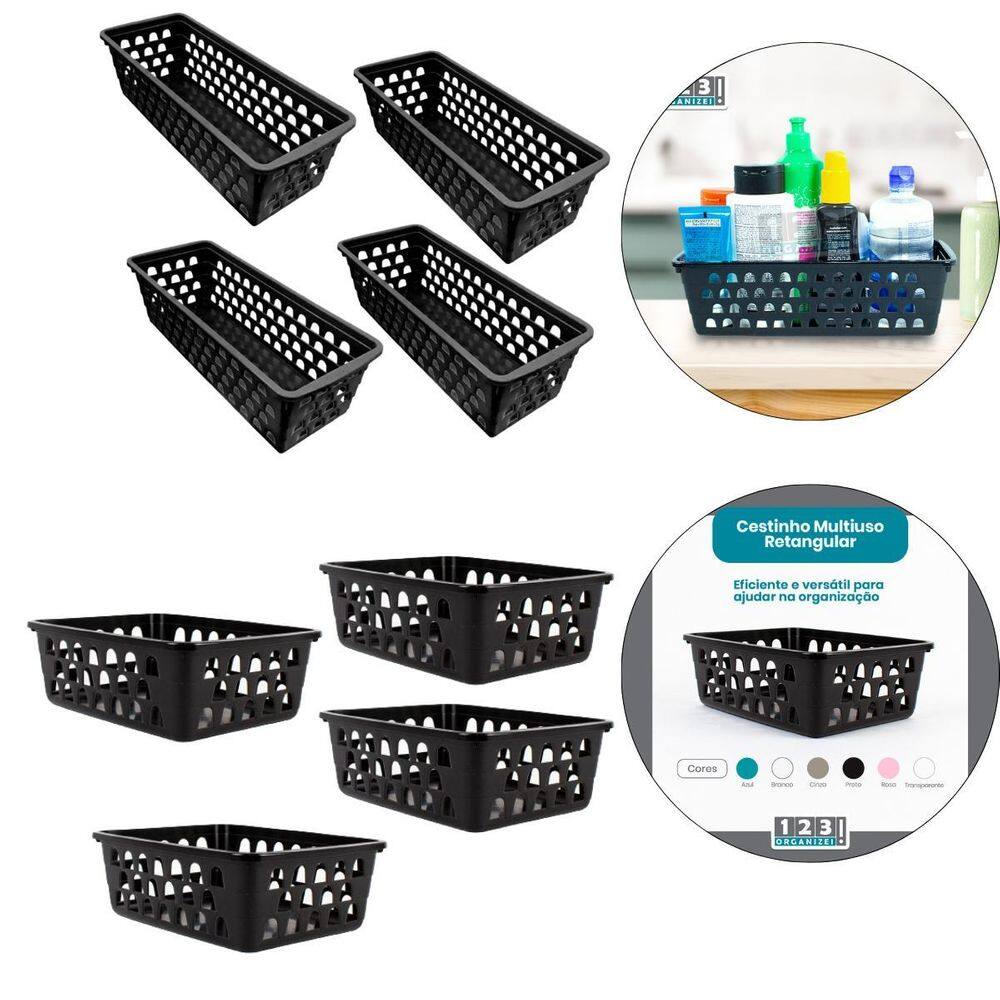 Kit 4 Cesto Multiuso Comprido Retangular E 4 Cesto Médio