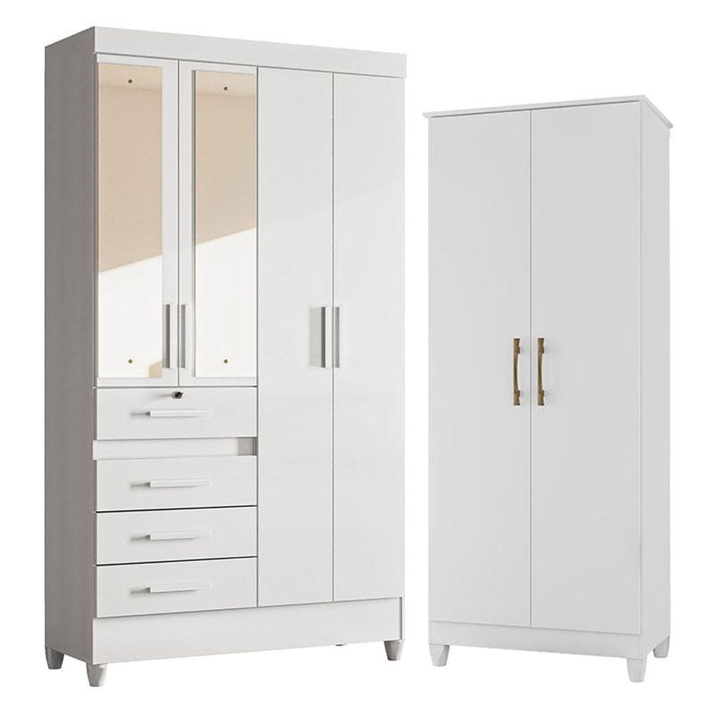 Guarda Roupa Infantil Sobral com Espelho e Armário Multiuso Jade Branco Brilho - Moval