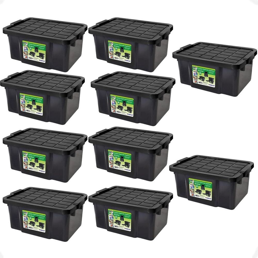 Kit 10 Caixas Organizadora Multiuso Preta 25L Empilhável