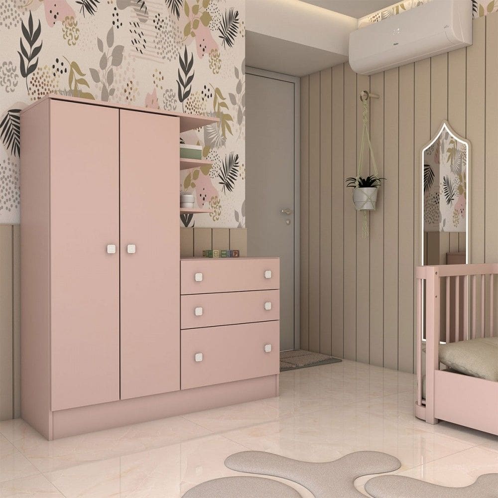 Guarda-Roupa Infantil com Cômoda Colorê 2 Portas 3 Gavetas Rosa - Panorama Móveis