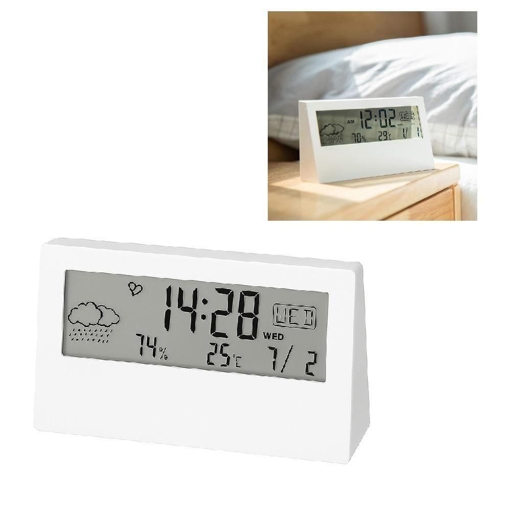 RelogioDespertadorMesaDigital Multifuncao Tela Transparente Lcd Iluminada Sensor Clima Temperatura Umidade Branco