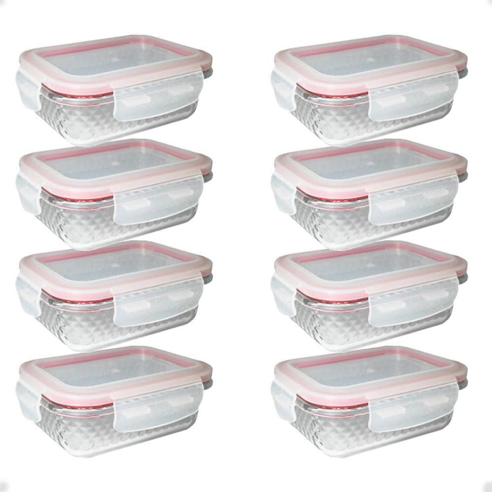 8 Potes De Vidro Diamond Retangular 370Ml Vermelho Hermético