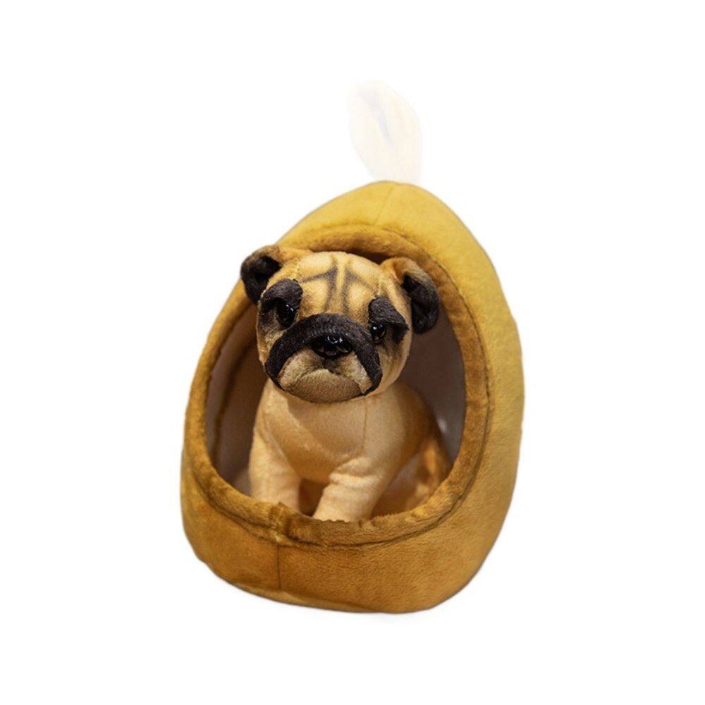 Pug realista de brinquedo de pelúcia com casinha de cachorro para crianças de 18 cm