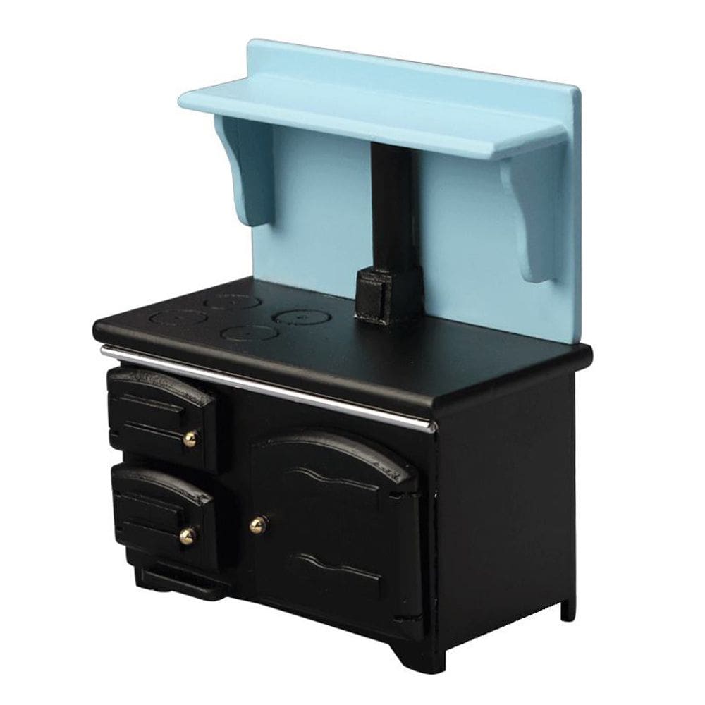 Fogão de casa de bonecas em miniatura, cozinha preta vintage em escala 1:12