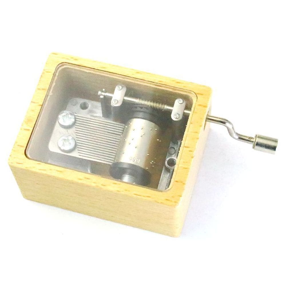 Caixa de música, manivela de madeira, sinos com tampa transparente