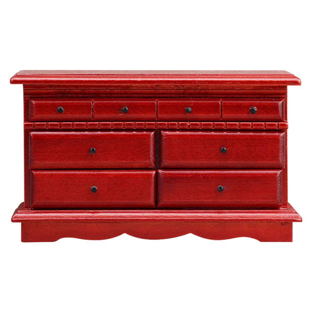 Cômoda de casa de bonecas em miniatura, baú de madeira vermelho em escala 1:12