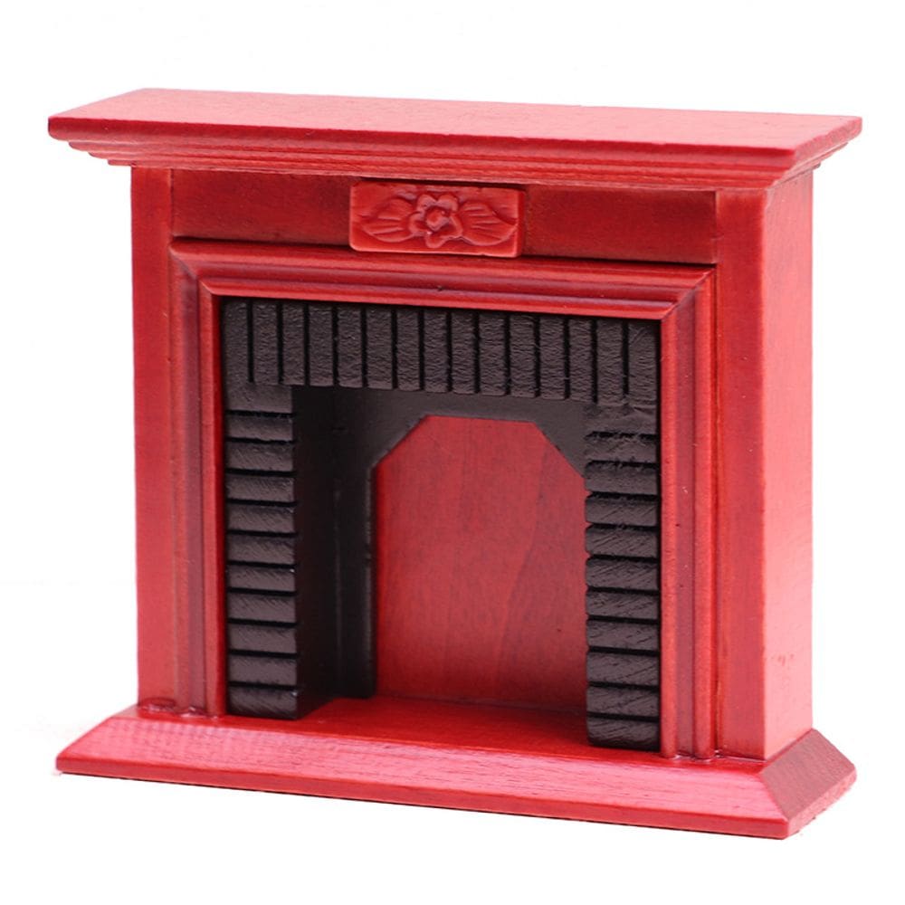 Lareira de casa de bonecas em miniatura de madeira vermelha em escala 1:12