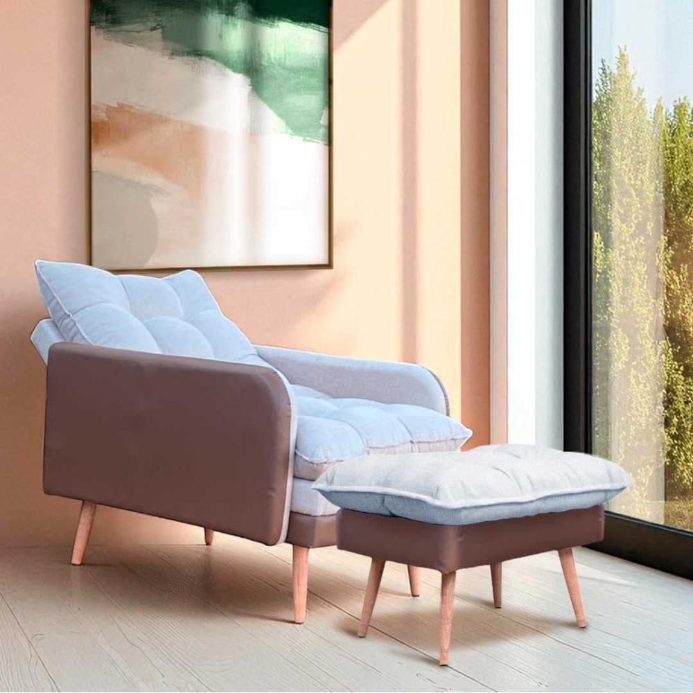 Poltrona Reclinável Em 3 Posições Com Puff Em Linho Premium Bege/caramelo Bege/caramelo C/puff Roma