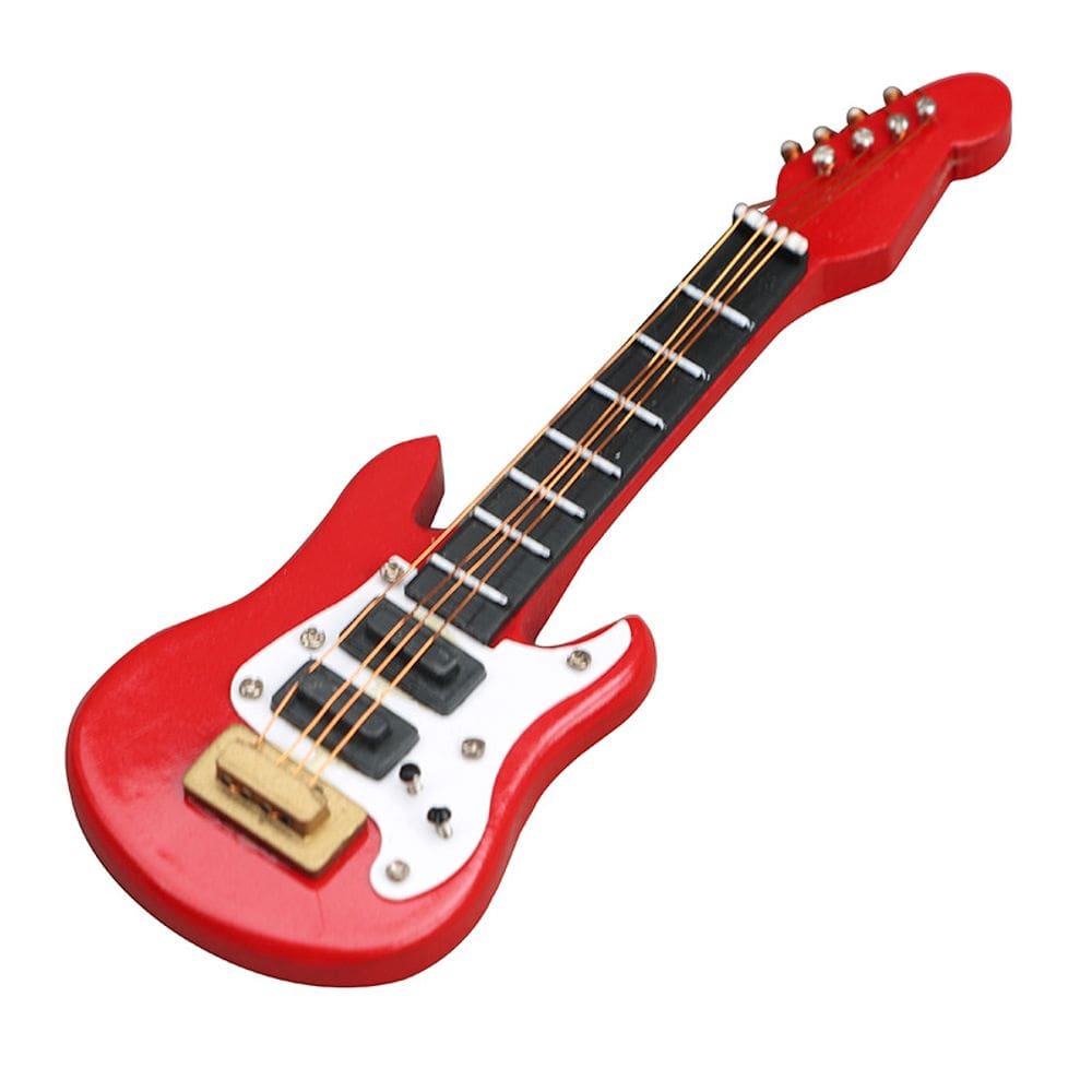 Guitarra elétrica vermelha de madeira com móveis de casa de bonecas em miniatura