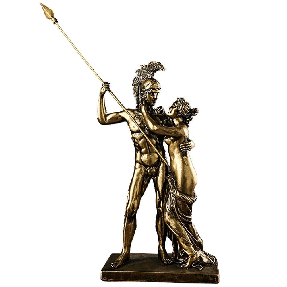 Estátua vintage de guerreiro e mulher gregos com aparência de bronze 38 cm