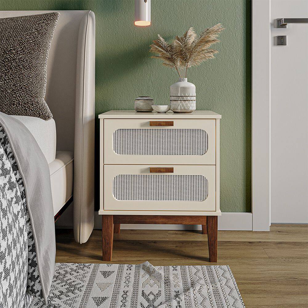 Mesa de Cabeceira Retrô 2 Gavetas Santorini 45cm com Telinha Indiana Off White
