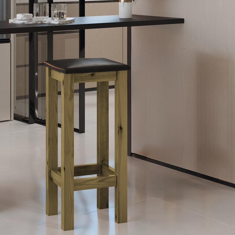 Banqueta De Madeira Maciça Alta Imbuia Assento Estofado Corano Preto Imbuia