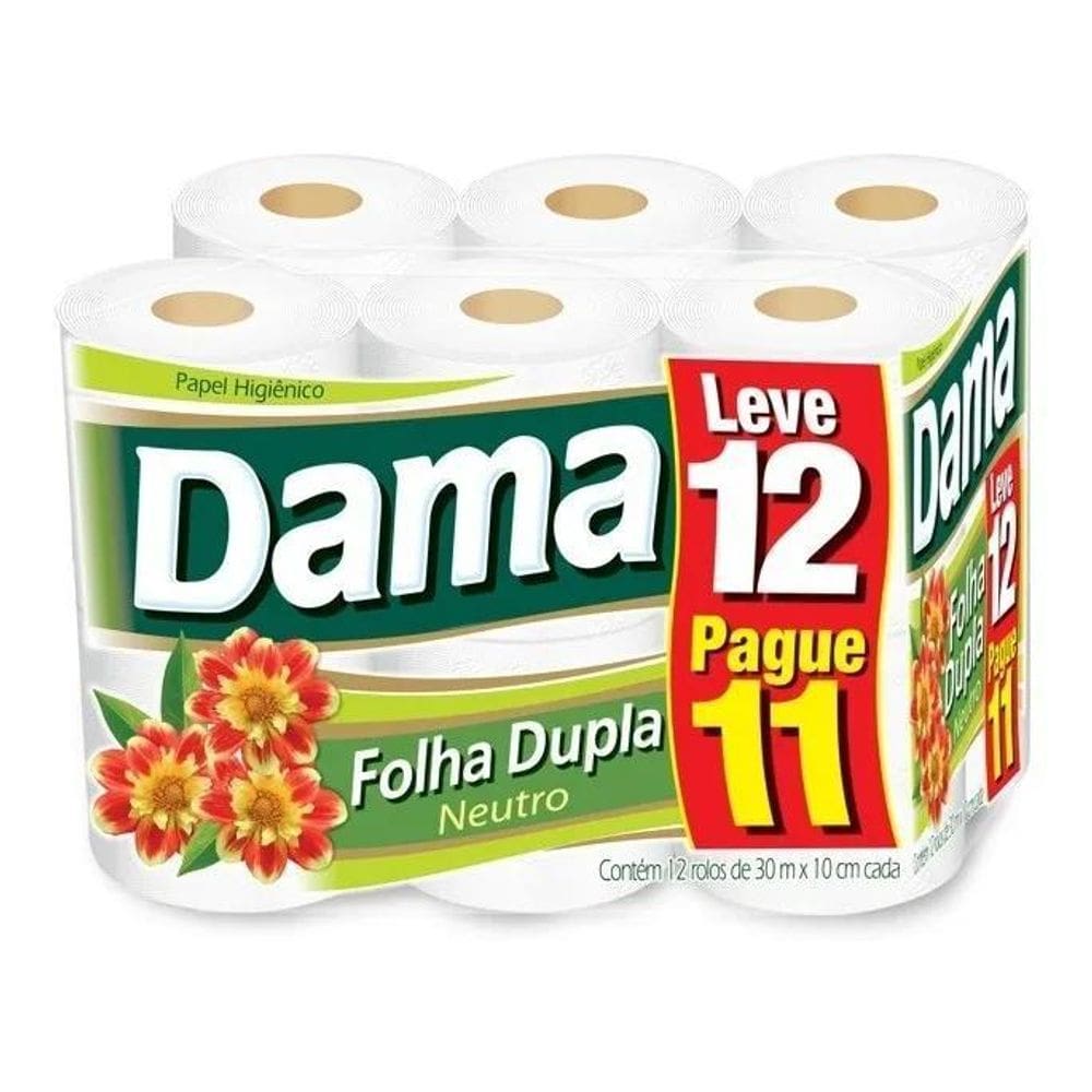 5X Papel Higienico Dama Neutro Folha Dupla 12 Rolos 30 Met