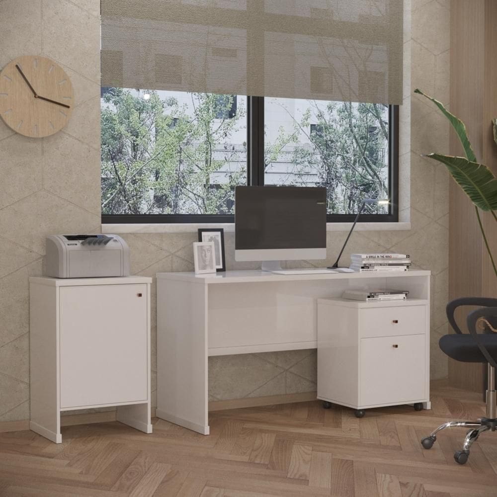 Conjunto Escritório 3 Peças - Mesa Gaveteiro E Balcão Verben - Branco Branco