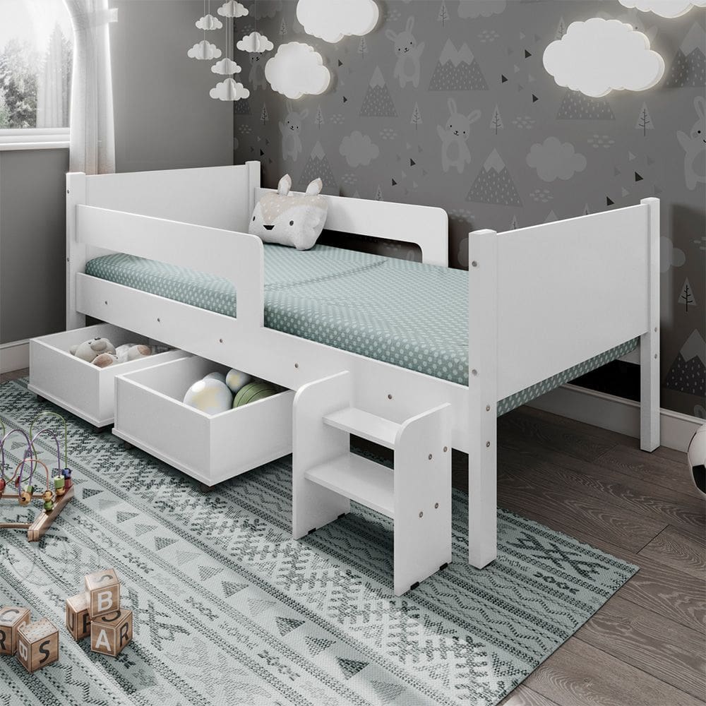 Cama Solteiro Multiuso com 2 Baus Organizador e Escada Luna Plus Branco com Colchão