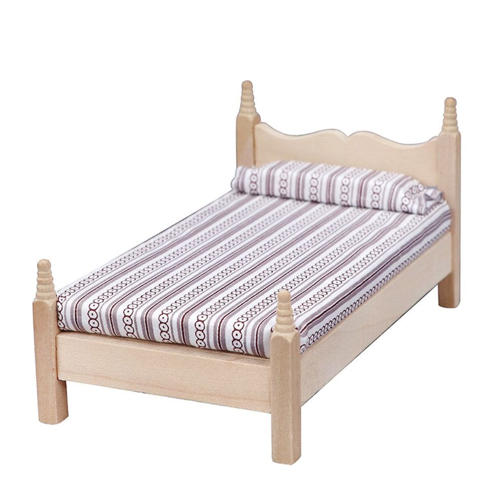 Móveis de casa de bonecas em miniatura, cama de solteiro clássica de madeira