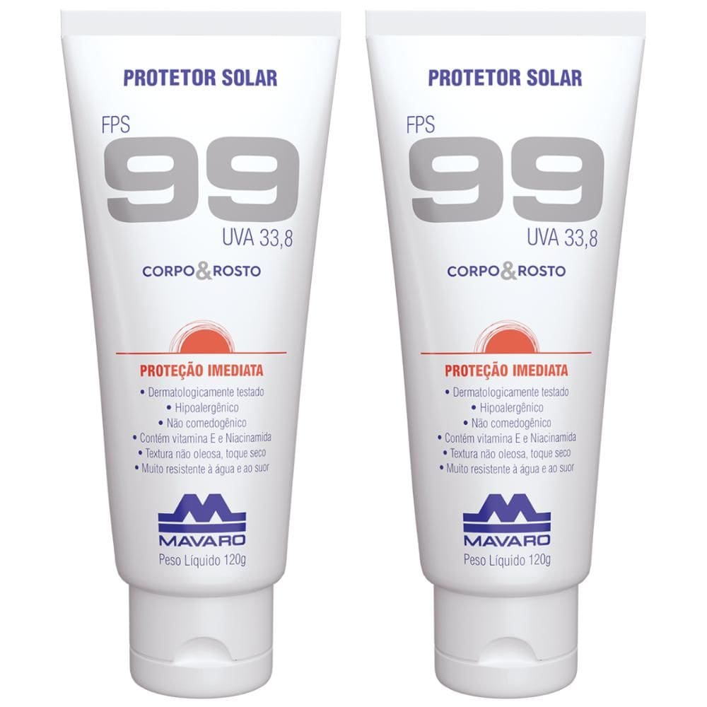 Kit 2 Protetor Solar Profissional Corpo e Rosto FPS 99 Raios UV 120g Mavaro