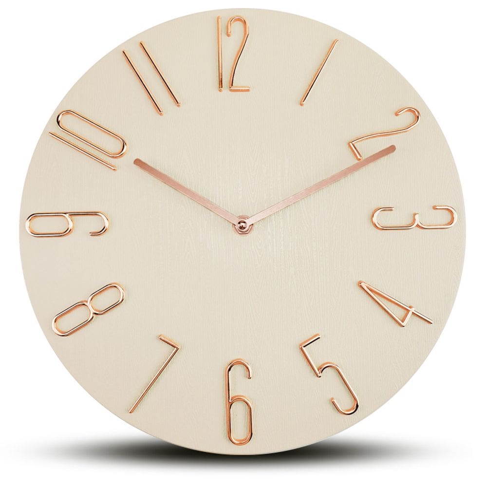 Relógio de parede silencioso de 35 cm, plástico de quartzo moderno, ouro rosa