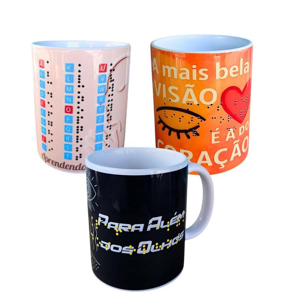 Combo Presente 3 Canecas Com Leitura Em Braile Alto Relevo