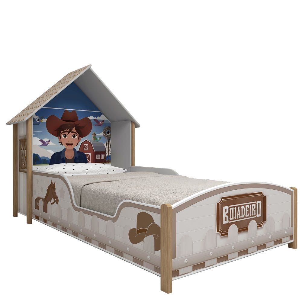 Cama infantil com proteção lateral e cabeceira Gelius Boiadeiro 100% MDF pés de madeira maciça Branca