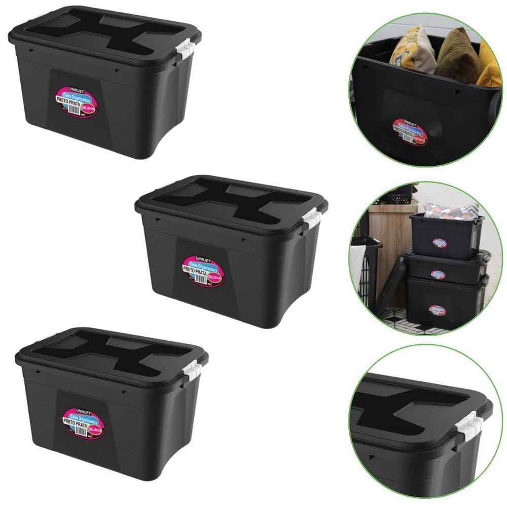 Kit 3 Caixas Organizadoras 56 Litros Com Travas Cor Preta