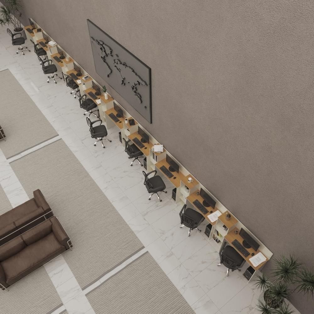 Conjunto De Escritório Tech 9 Livreiro E 10 Mesas 90cm - Via - Off White E Cedro Off White E Cedro