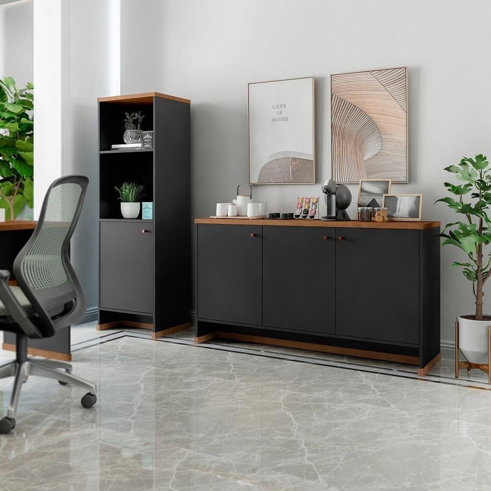 Conjunto Escritório 2 Peças - Buffet E Armário Verbena - Preto/ Preto/