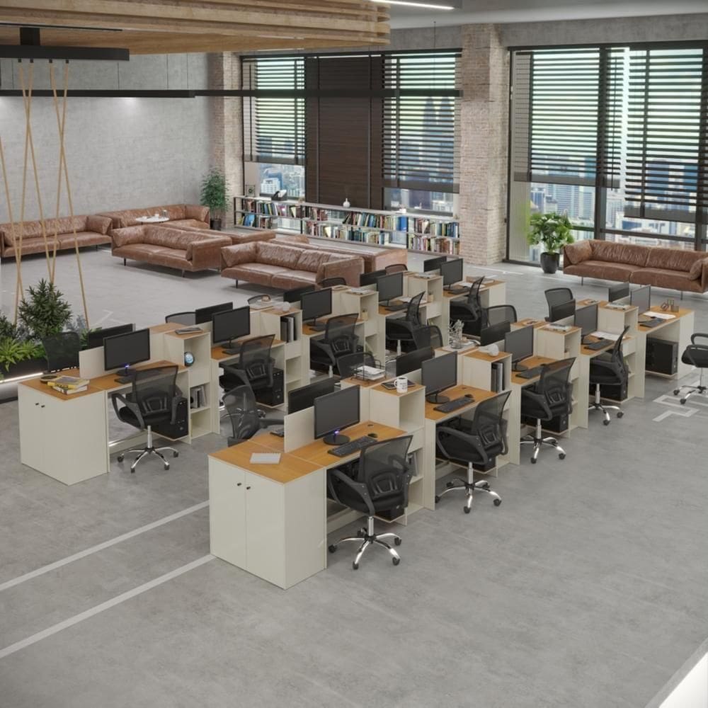 Estação De Trabalho 20 Lugares Office Tech 20 Mesas 16 Armár - Off White E Cedro Off White E Cedro