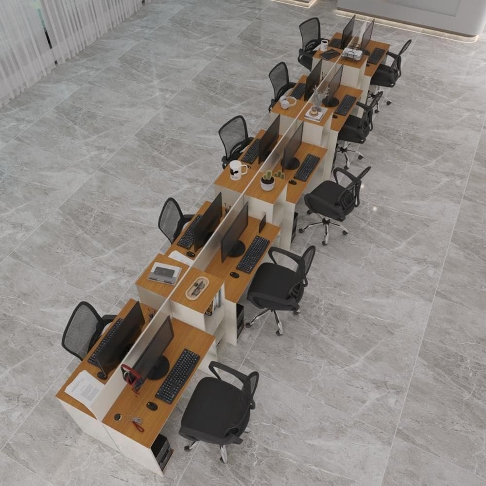 Estação De Trabalho 10 Lugares Tech Office 10 Mesas 8 Armári - Off White E Cedro Off White E Cedro