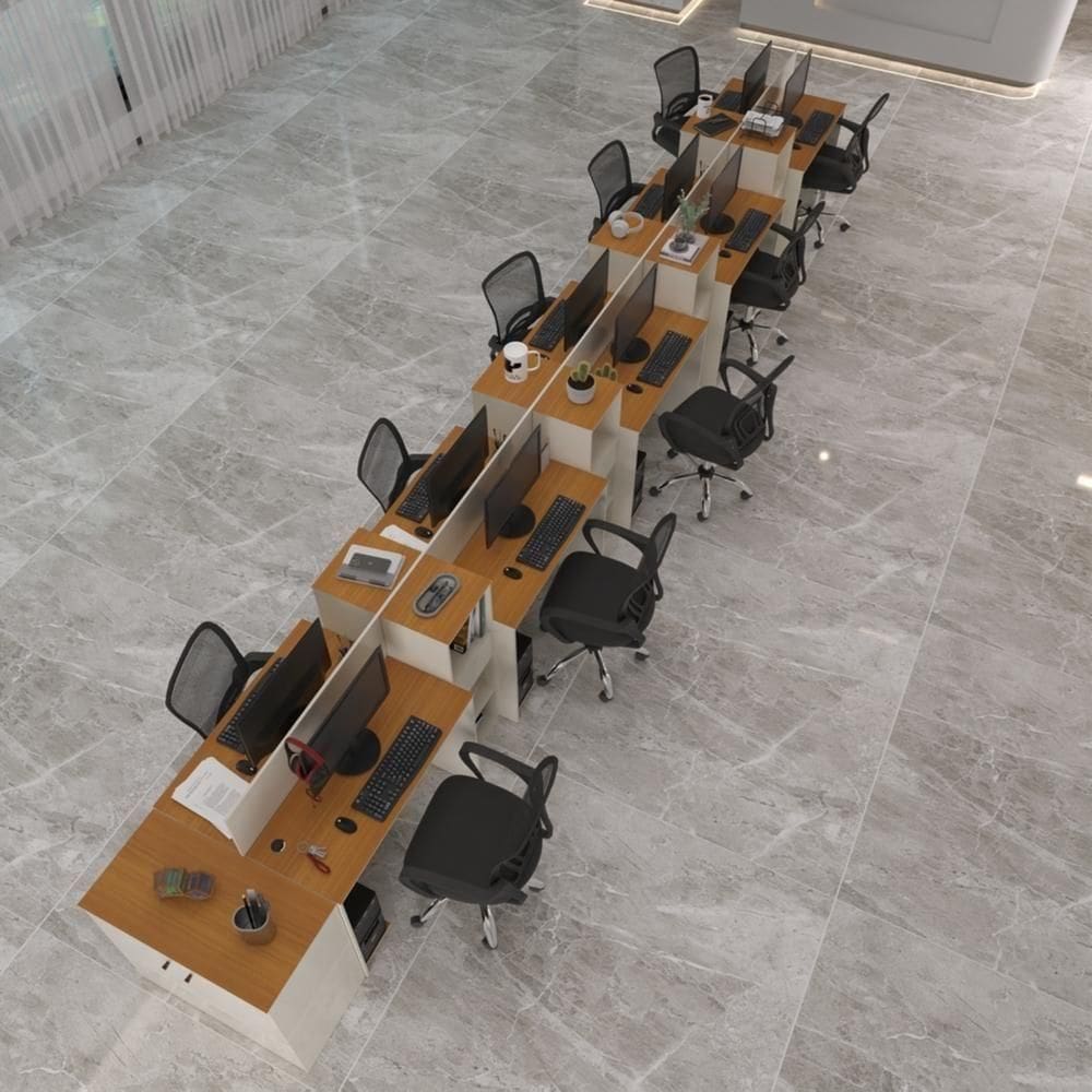 Estação De Trabalho 10 Lugares Office Tech 10 Mesas 8 Armári - Off White E Cedro Off White E Cedro